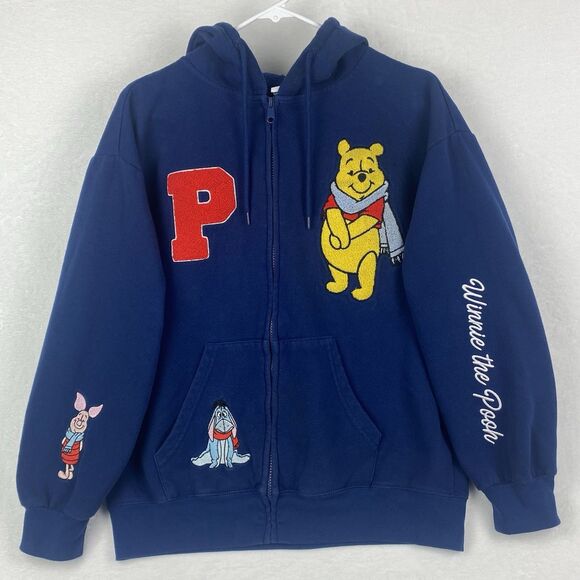Disney Winnie the Pooh Zip Up Sweater Womens Large Navy Blue Hooded Sweatshirt - Picture 1 of 13
